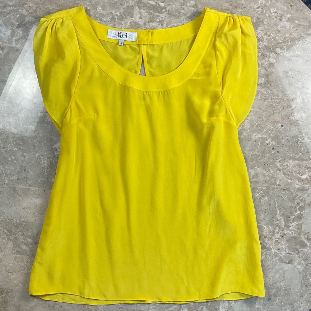 Tibi Yellow 100 % Silk Blouse with Drawn Sleeve Size 4